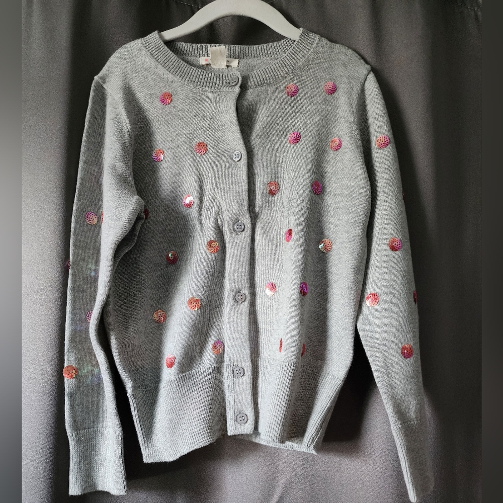 Gray Cardigan with Pink Polka Dots